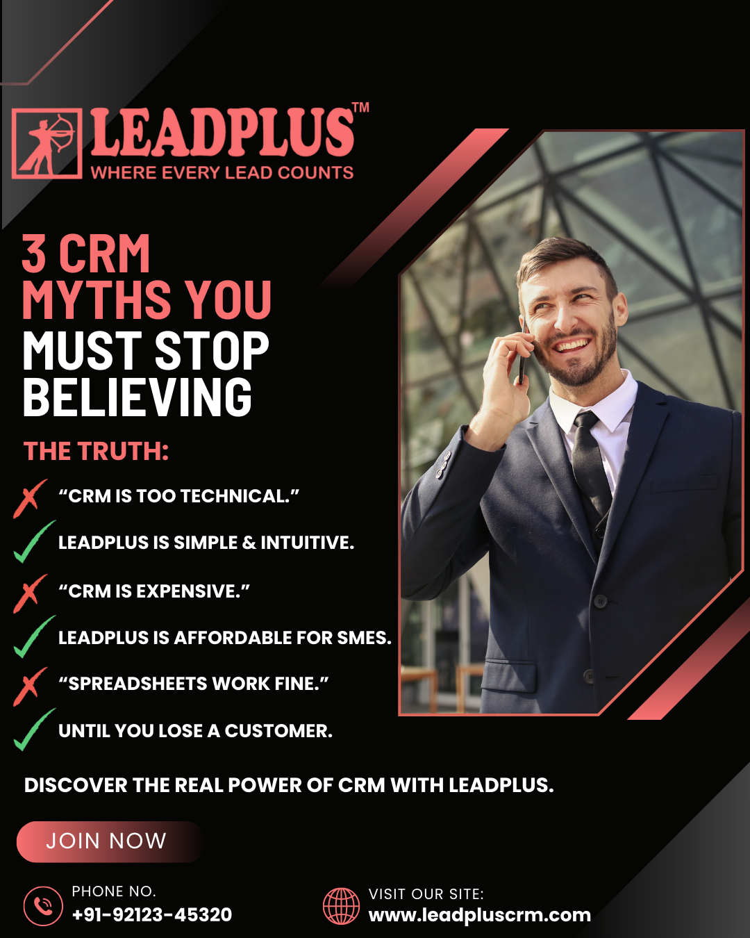 Graphic showing a red "X" over several common statements about CRM (e.g., "Too Expensive," "Too Complex") next to the LeadPlus logo.